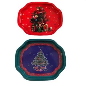 Vintage Christmas Tin Tray Set Red Blue Scalloped Edge Holiday Decor 2pc